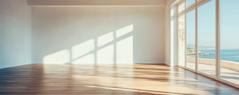 A bright, empty room with large windows showcasing a scenic view, featuring wooden flooring and gentle sunlight casting shadows.