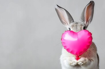 Obraz premium Adorable rabbit holding a pink heart balloon in front of its face against a soft gray background. Ideal for concepts of love, Valentine's Day, and celebration.