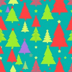 Obraz premium Christmas Tree Pattern: A vibrant teal background is adorned with a festive array of stylized Christmas trees in various shades of red, green, and purple, interspersed with sparkling stars.