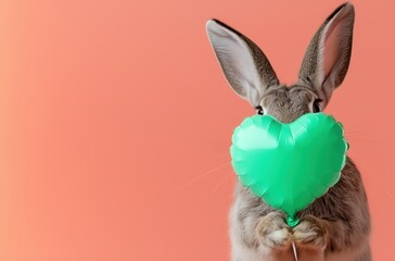 Cute rabbit holding a green heart balloon in front of its face on a pink background. Perfect for concepts like love, Easter, and Valentine's Day.