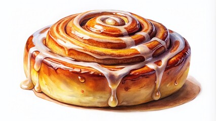 Night Photography: Glazed Cinnamon Roll Watercolor, Gooey Icing, Isolated White Background