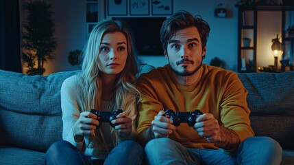 A focused young Caucasian couple engaged in an exciting video game session at home, filled with suspense and anticipation.