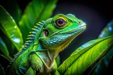 Fototapeta premium Night Photography Green Crested Lizard Leaves - Wildlife Macro Shot