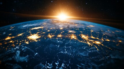 Obraz premium The sun rising over a planet with lights on.