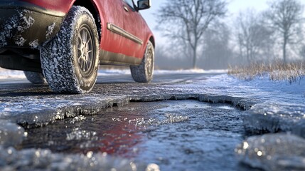 A red SUV parked on a snowy road, showcasing icy patches and winter trees in the background.