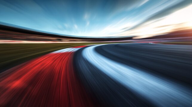 Dynamic motion capture of a race track corner, featuring vibrant red and white lines against a blue sky.