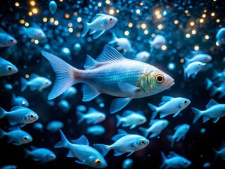 Fototapeta premium Night Photography: Luminous White Fish, Underwater Scene, Dark Water, Bioluminescent, Deep Sea, Aquatic Life, Night Dive, Glowing Fish