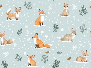 Whimsical Snowy Winter Scene with Footprints and Curious Animals in a Charming Pattern