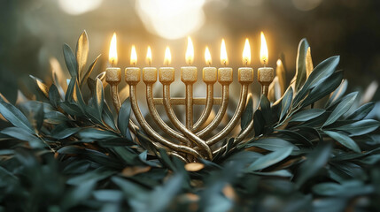 A clean depiction of olive branches intertwined with a modern menorah design.
