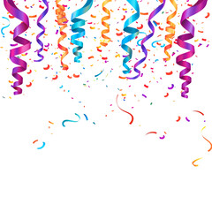 Colorful confetti with ribbon satin for celebration, decoration, new year, anniversary, event, party, wedding, festive & birthday isolated on a transparent background