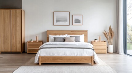 Fototapeta premium Modern Minimalist Bedroom Interior with Wooden Furniture and Cozy Bedding in Bright Natural Light