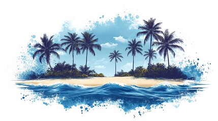 Obraz premium A serene beach scene with palm trees and waves.