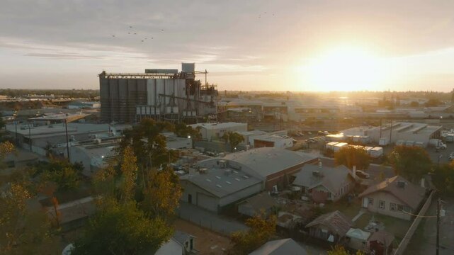 Drone Over Silos in downtown Fresno at Sunset