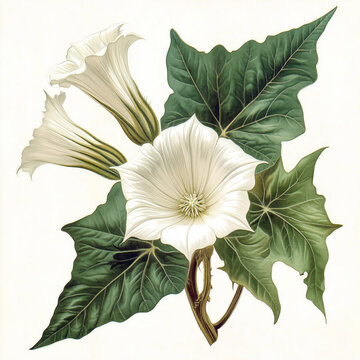 botanical illustration with Medicinal plant Datura with white flower drawing isolated on white background 