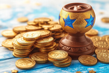 A dreidel placed next to a small pile of chocolate gelt coins, shown in a clean flat design.