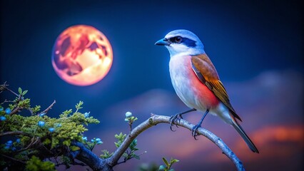 Night Photography Red-backed Shrike, Bird Silhouette, Dark Avian, Wildlife Night Shot,  Red-backed Shrike at Night