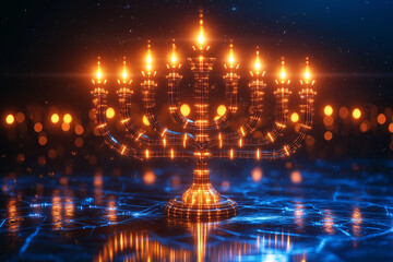 Fototapeta premium A menorah drawn with a continuous line, surrounded by small glowing circles.