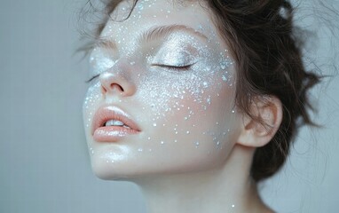 Model with frosty silver makeup and radiant skin on a simple white canvas