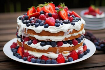 Patriotic Red, White, and Blue Cake with Fresh Berries and Whipped Cream 