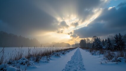 Fototapeta premium A dramatic weather transition: heavy rain turning into soft snowfall, with clouds parting to reveal the sun peeking through