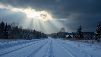 Fototapeta premium A dramatic weather transition: heavy rain turning into soft snowfall, with clouds parting to reveal the sun peeking through