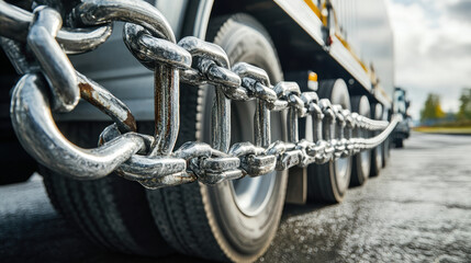 Robust metal chains are seen fastening a truck's cargo in a commercial setting under clear skies. The wheels are visible and reflect sunlight, indicating daytime.