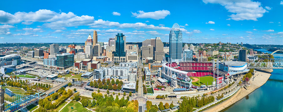 Aerial Downtown Cincinnati Skyline and Ballpark Panorama
