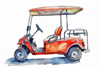 Watercolor illustration of a red golf cart. Children's Book Illustration