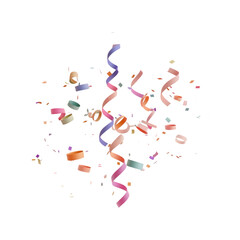 Colorful confetti with ribbon satin for celebration, decoration, new year, anniversary, event, party, wedding, festive & birthday isolated on a transparent background.