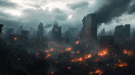 Obraz premium A post-apocalyptic cityscape with towering buildings and rubble-strewn streets on fire under a gray, ominous sky.