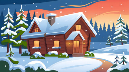 Fototapeta premium Cozy Wooden Cabin in a Snowy Winter Landscape with Pine Trees and a Sunset Sky