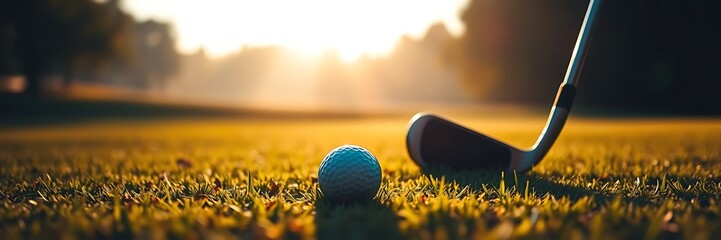 Golf ball with green gold course in the background and copy space. Golf background concept