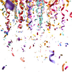 Colorful confetti with ribbon satin for celebration, decoration, new year, anniversary, event, party, wedding, festive & birthday isolated on a transparent background.