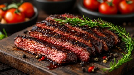 A grilled steak garnished with rosemary and spices on a wooden cutting board.