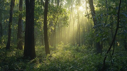 Obraz premium Sunbeams illuminate a lush, misty forest path at sunrise.