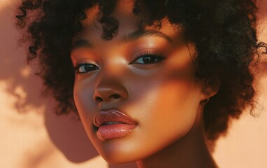 Obraz premium Beauty shot of a woman with glowing skin and natural makeup on a pastel peach studio background with soft shadows