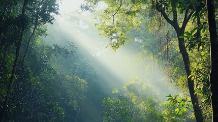 Sunbeams pierce dense jungle canopy, illuminating lush green foliage and mist.
