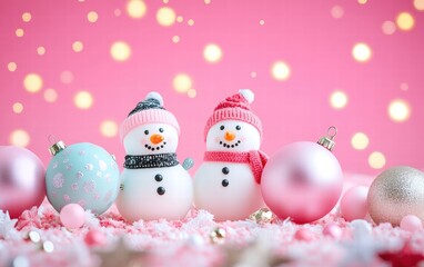 Obraz premium A whimsical holiday scene with pastel-colored baubles, cartoonish snowmen, and glowing stars on a bright pink background