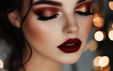 Smoky red eyeshadow, golden highlighter, and matte lips on a shimmering holiday background