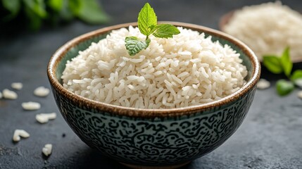 A bowl of white rice with mint leaves on top.