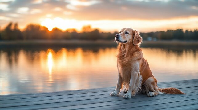 Golden retriever sitting on wooden deck overlooking lake at sunset - Powered by Adobe