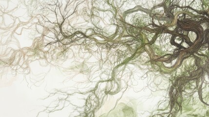 Intricate, interconnected web of twisting moss green, pale mint, and dark olive roots forming organic patterns, resembling a dense network of tangled vines or ancient forest roots spreading across