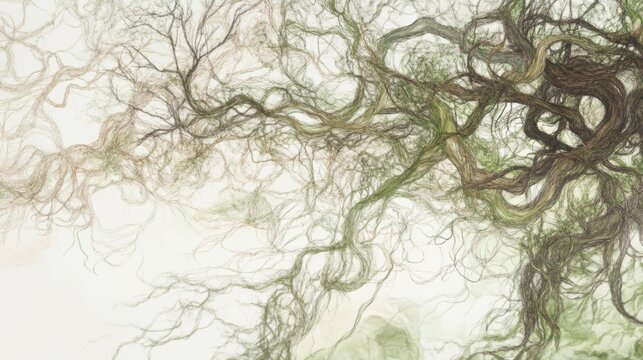 Intricate, interconnected web of twisting moss green, pale mint, and dark olive roots forming organic patterns, resembling a dense network of tangled vines or ancient forest roots spreading across