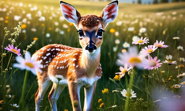 Calm spotted baby bambi deer preparing to run on sunny floral meadow