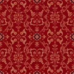 Crimson Damask Seamless Pattern: Elegant and luxurious damask pattern in deep crimson and beige tones. Perfect for textile design, wallpaper, and other decorative applications.  