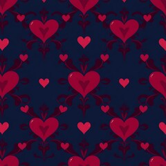 Romantic Hearts Seamless Pattern: A captivating pattern featuring ornate hearts in shades of deep red and pink against a rich navy blue background. Perfect for Valentine's Day, romantic designs.