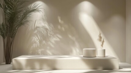 Beige pastel podium with beige fabric, cloth premium background, mockup for branding, exhibitions and product presentation. Abstract minimal interior scene fashion background. 3d render