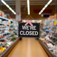 We're Closed Sign Hanging in a Supermarket Aisle with Candy Cane Decoration for Holiday Closure