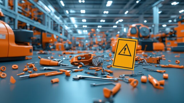 Industrial safety precautions factory floor with scattered tools workshop environment alert signage risk awareness