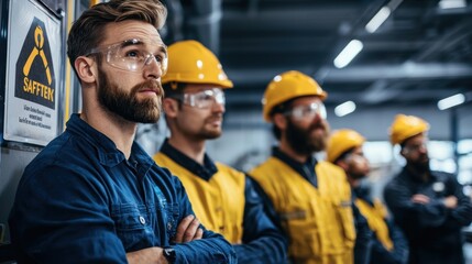Safety awareness training for factory workers manufacturing facility safety poster industrial environment close-up view workplace safety